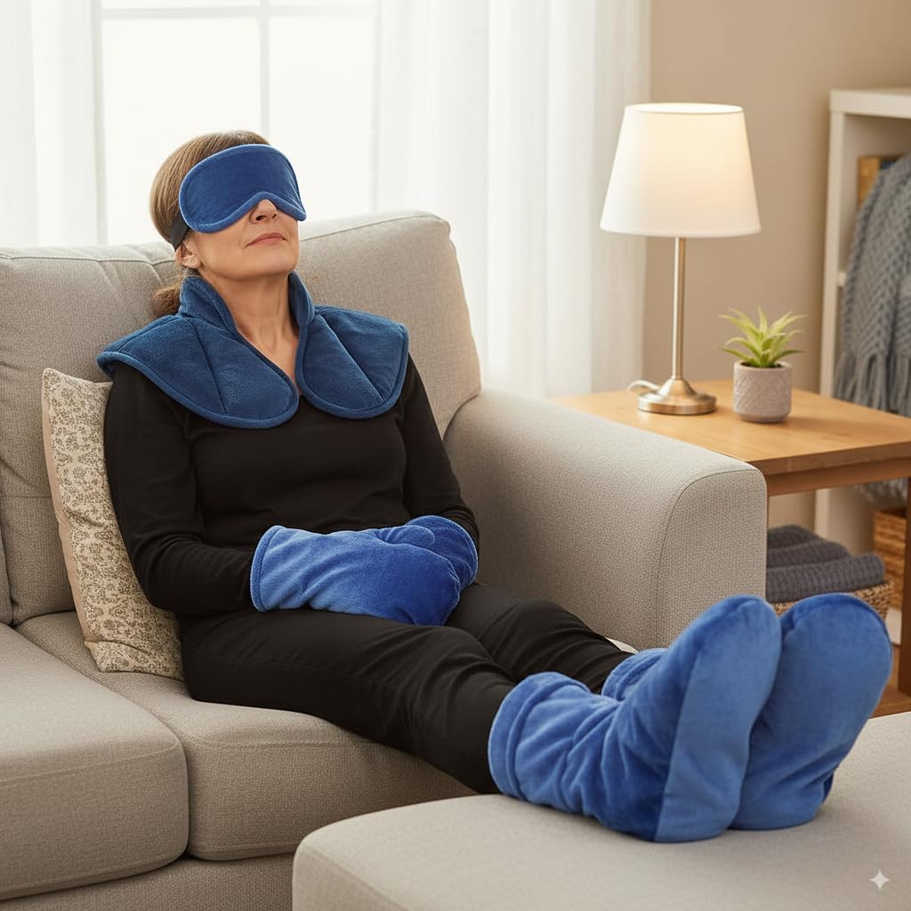 Herbal Concepts Hot & Cold Therapy Set – Eye Mask, Neck Wrap, Mittens & Booties with 12 Herb Aromatherapy Blend for Stress & Pain Relief – Soft Minky Fabric, Reusable, Comfortable (Blue)