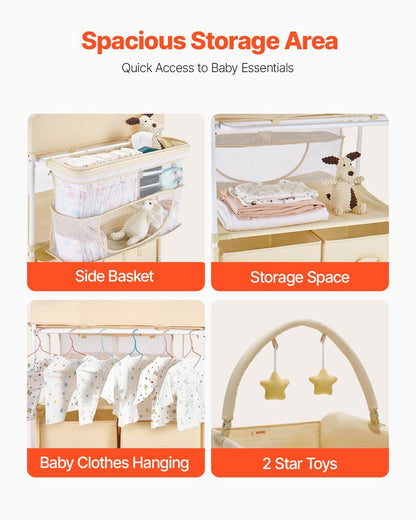 Baby Changing Table, Foldable Diaper Change Station with 2 Fabric Drawers, Side Basket & Hanging Rod, Adjustable Height Portable Changing Table with Lockable Wheels & 2 Star Toys, Light Beige